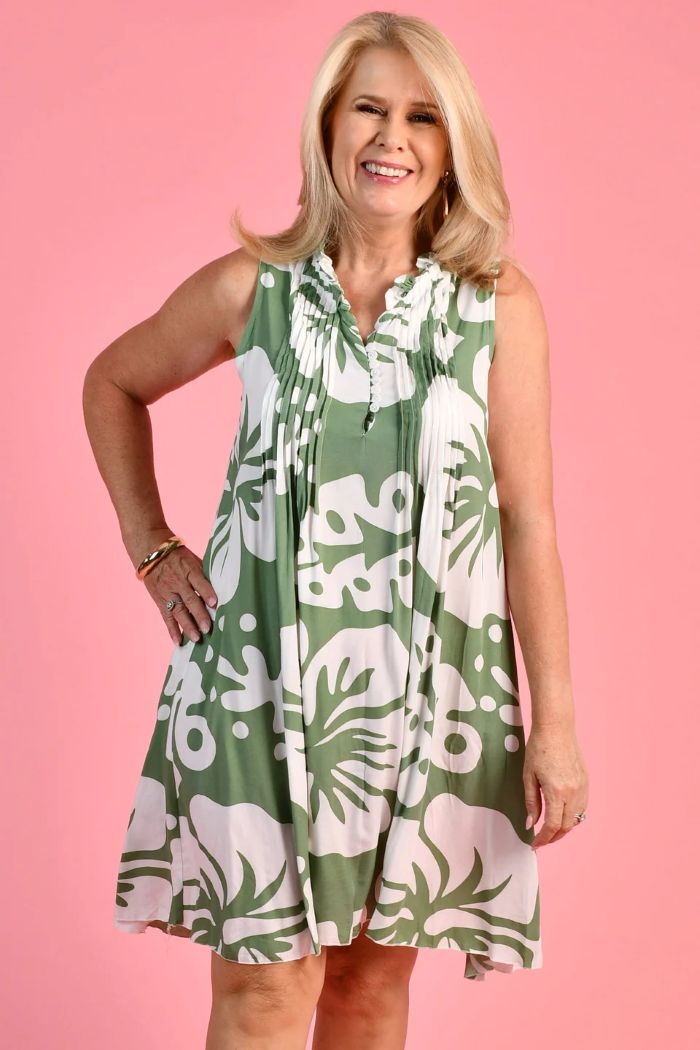 Bodacious Lombok Dress Khaki Hibiscus