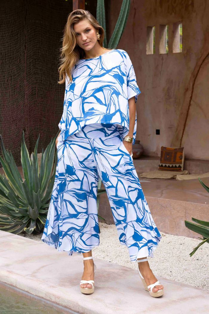 Bodacious Sydney Wide Leg Pant Blue Marble Hibiscus