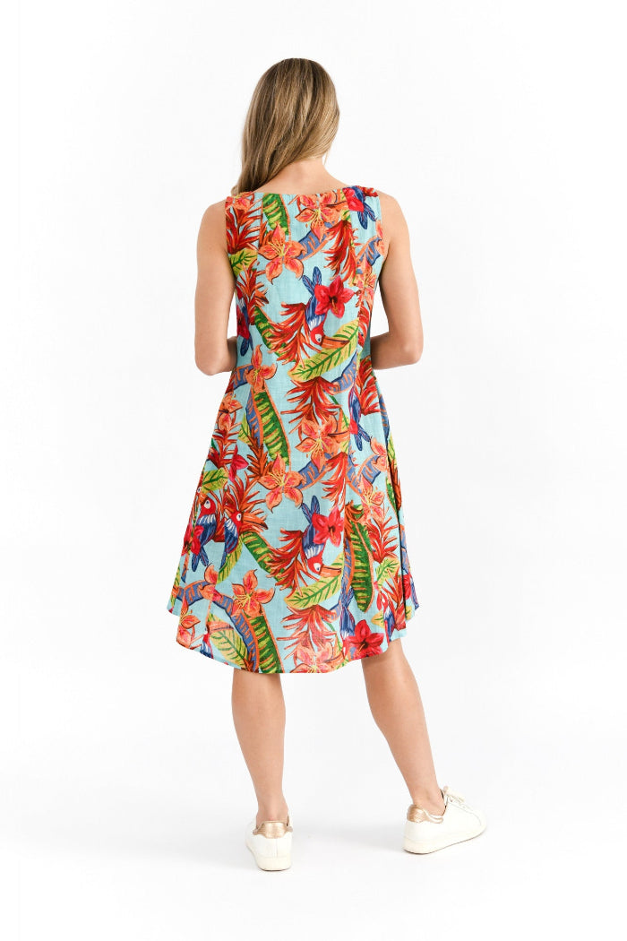 One Summer Estelle Crew Neck Sleeveless Dress Toucan Jungle Blue