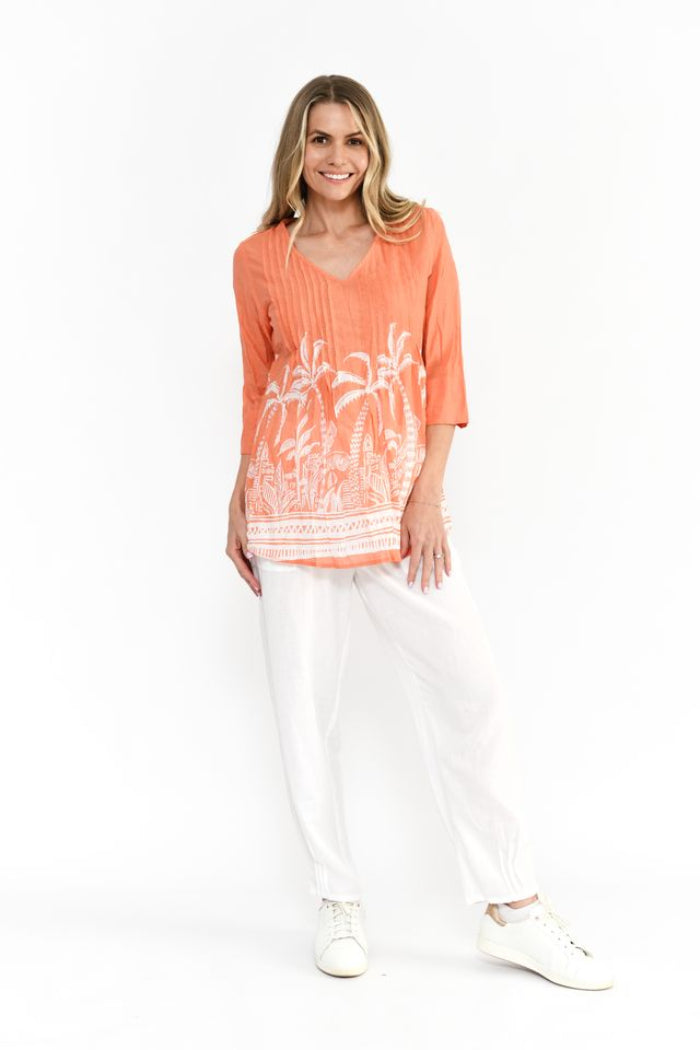 One Summer Tina V neck Pleated Top 3/4 Sleeve Coral