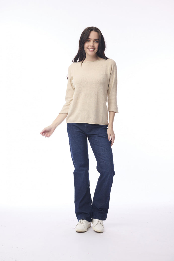 Orientique Knit Top Boat Neck 3/4 Slv