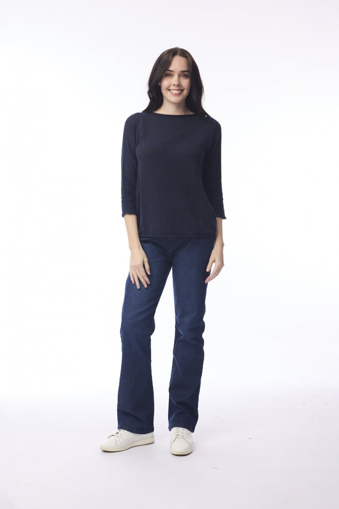 Orientique Knit Top Boat Neck 3/4 Slv