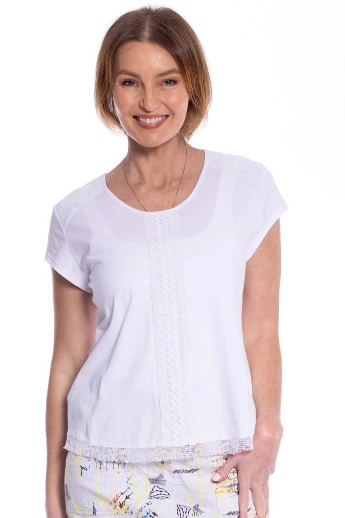 Cafe Latte - T-Shirt with Mesh and Lace Trim