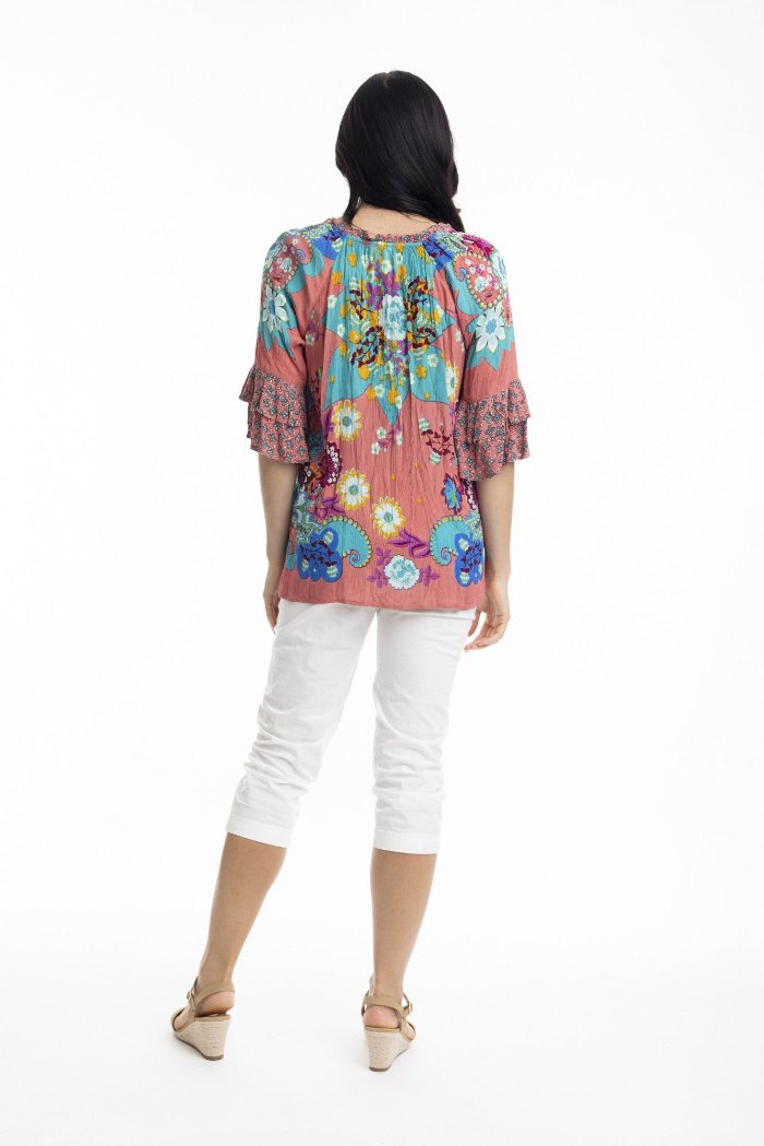 Orientique Boho Top Frill Sleeve Floral Scarf Peach