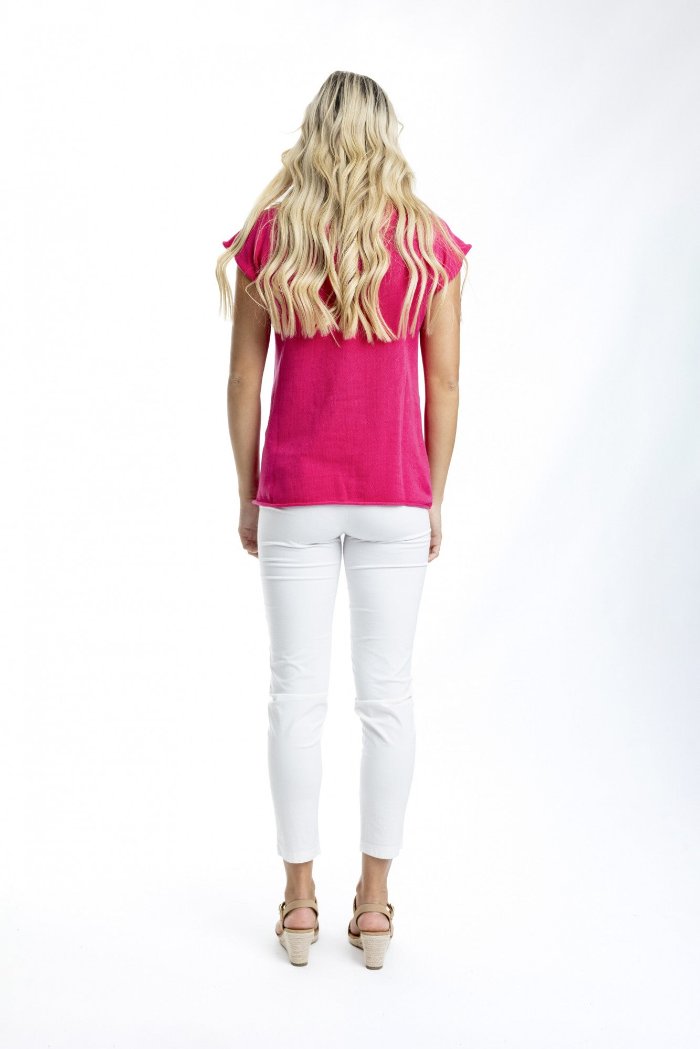 Orientique Knit Top Boat Neckline Hot Pink