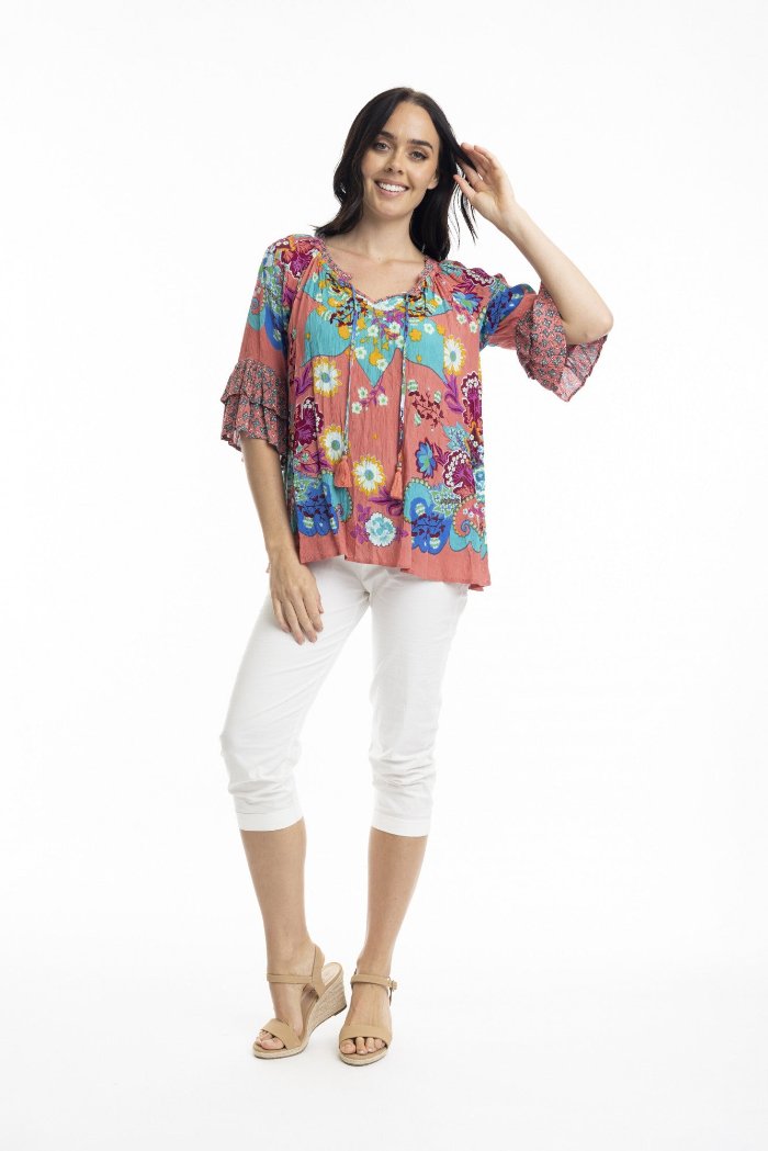 Orientique Boho Top Frill Sleeve Floral Scarf Peach