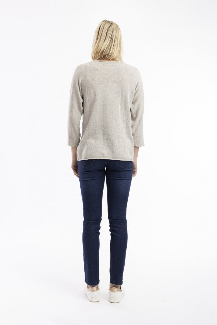 Orientique Knit Top Boat Neck 3/4 Sleeve Grey Melange