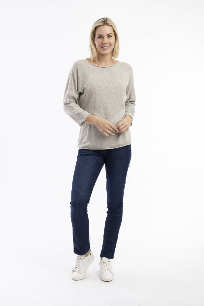 Orientique Knit Top Boat Neck 3/4 Sleeve Grey Melange