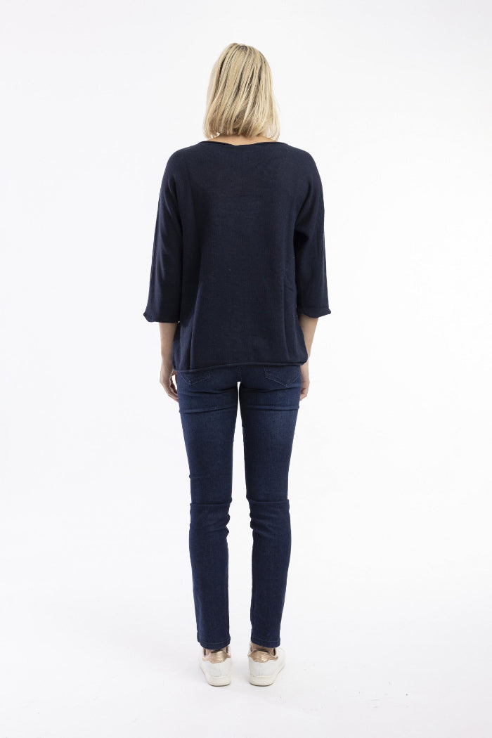 Orientique Knit Top Boat Neck 3/4 Sleeve Navy