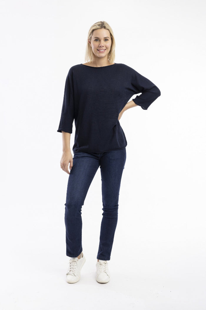 Orientique Knit Top Boat Neck 3/4 Sleeve Navy