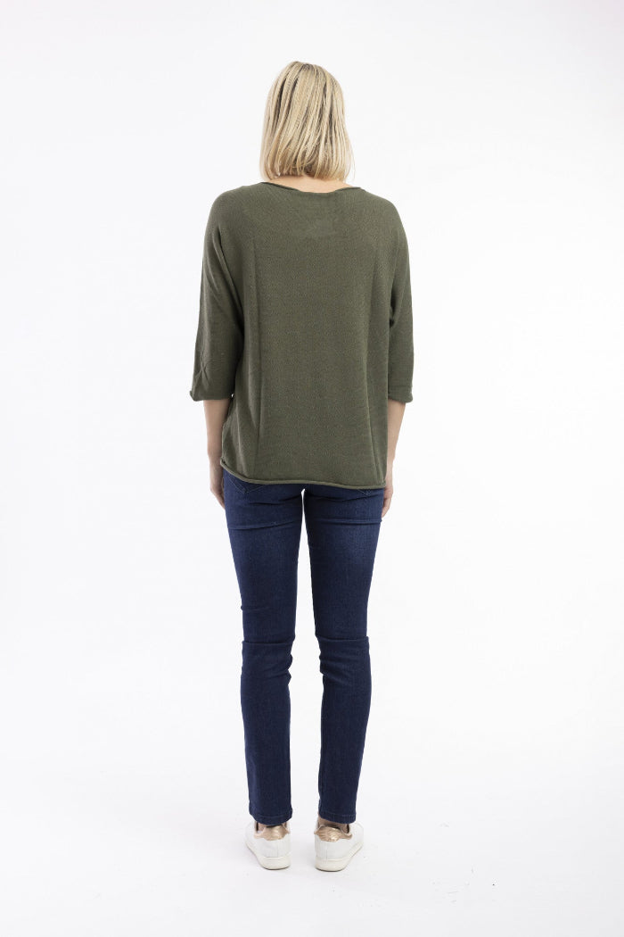 Orientique Knit Top Boat Neck 3/4 Sleeve Olive