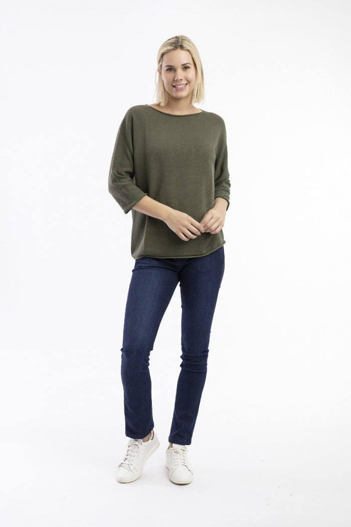 Orientique Knit Top Boat Neck 3/4 Sleeve Olive
