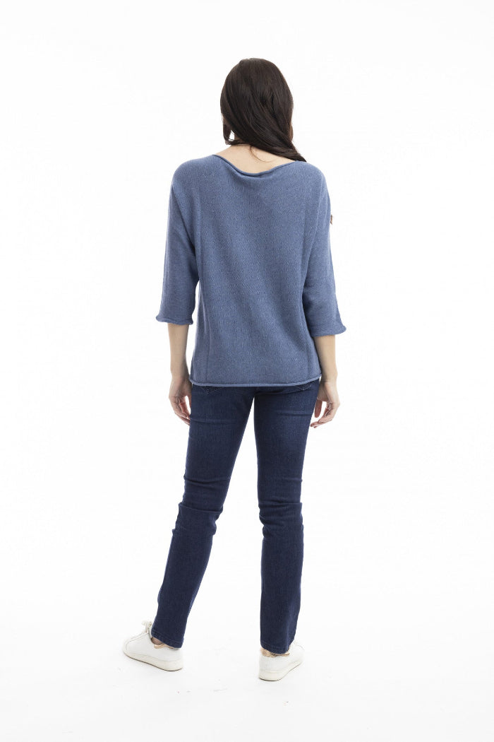 Orientique Knit Top Boat Neck 3/4 Sleeve Natural Melange