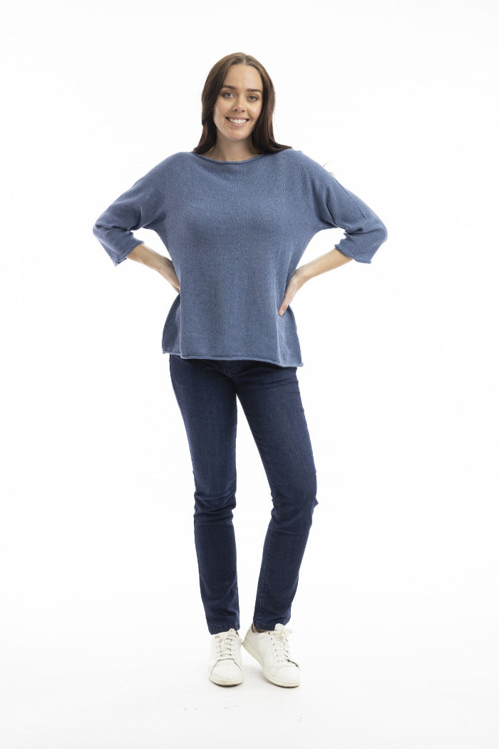 Orientique Knit Top Boat Neck 3/4 Sleeve Natural Melange