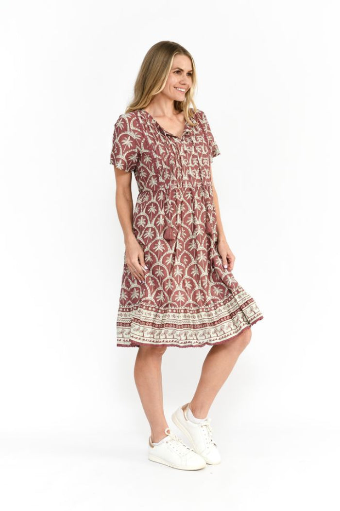 One Summer Colette V Neck Tassel Dress Palm Border Natural