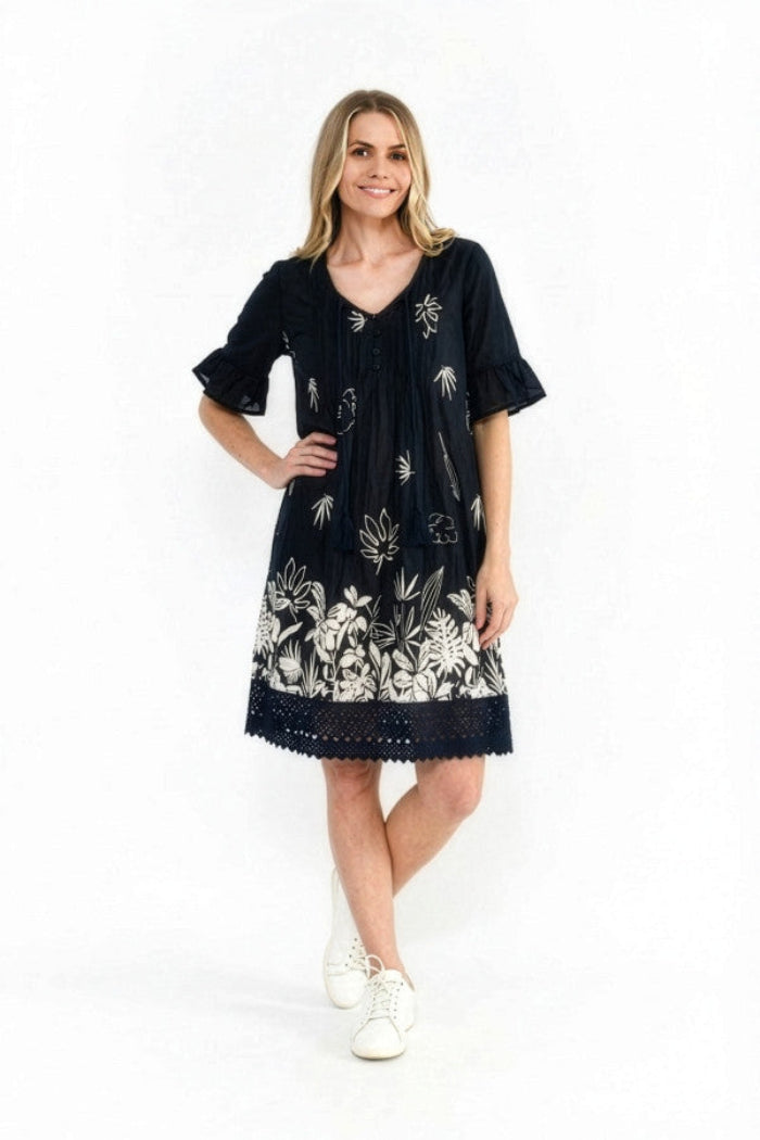 One Summer Hannah Short Sleeve Dress Tropical Border Navy