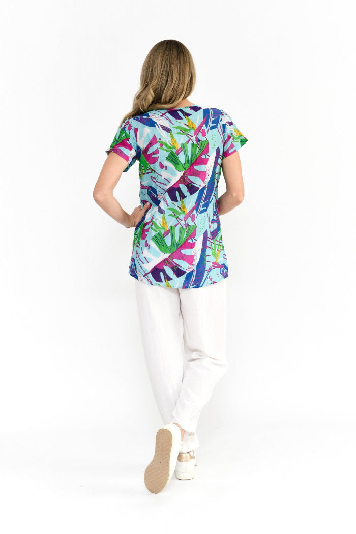 One Summer Kayla Cotton Blouse Short Sleeve Abstract Tropical