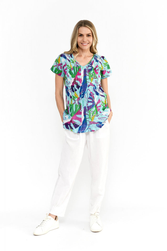 One Summer Kayla Cotton Blouse Short Sleeve Abstract Tropical
