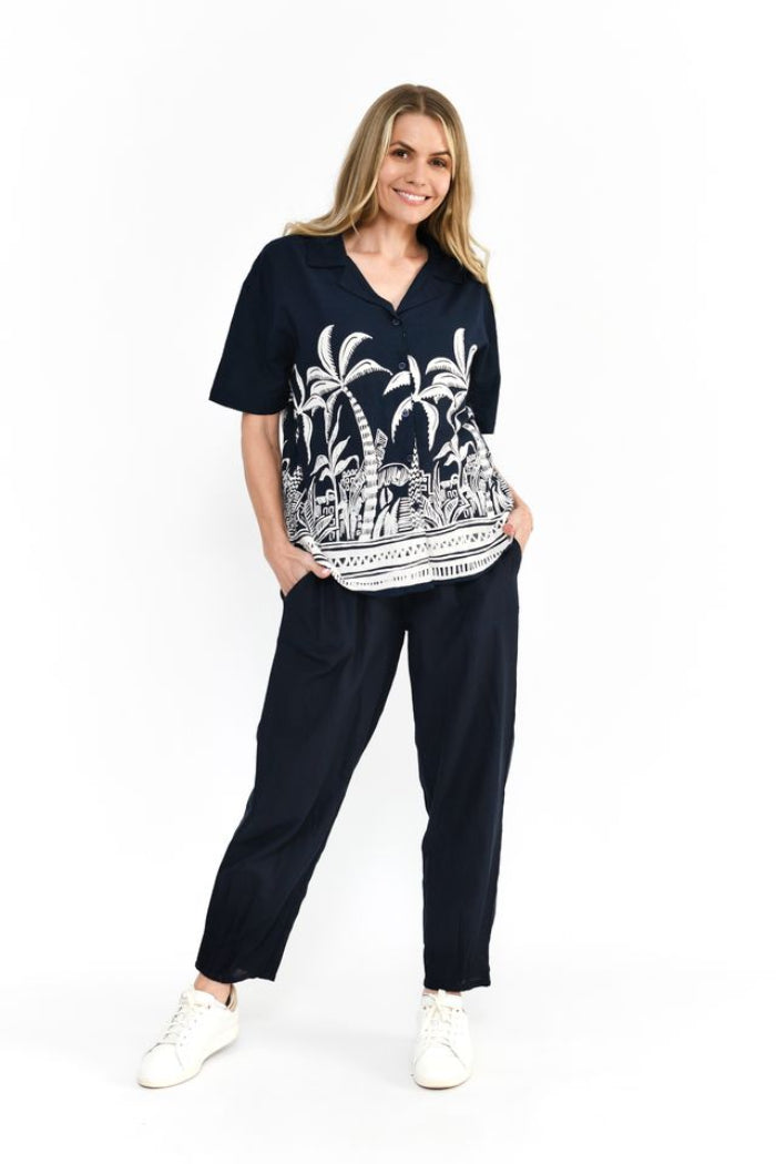 One Summer Margot Collared Short Sleeve Top Navy