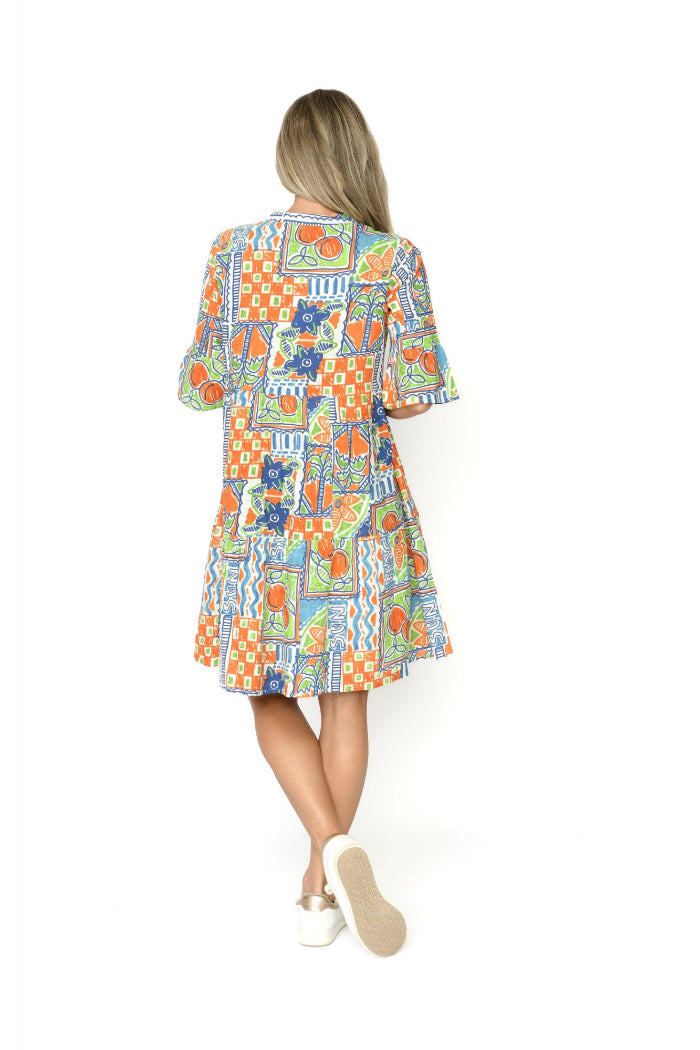 One Summer Maya Button V Neck Layer Dress Orange Sun