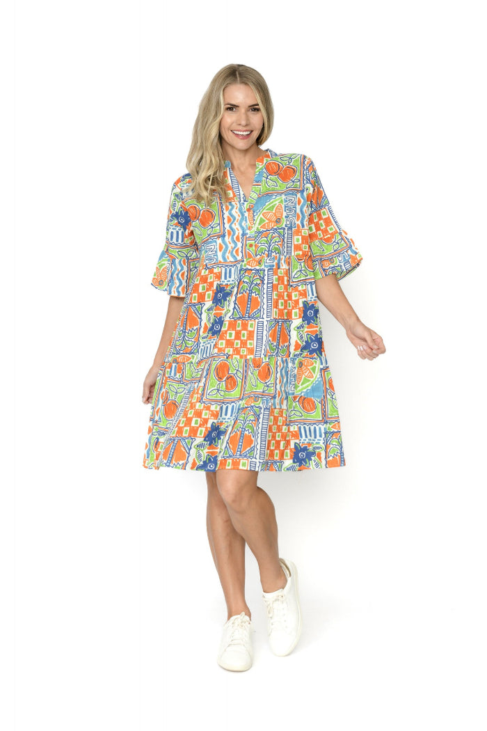 One Summer Maya Button V Neck Layer Dress Orange Sun