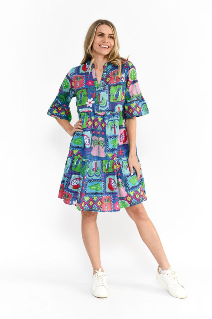 One Summer Maya Button V Neck Layer Dress Tropical Blue