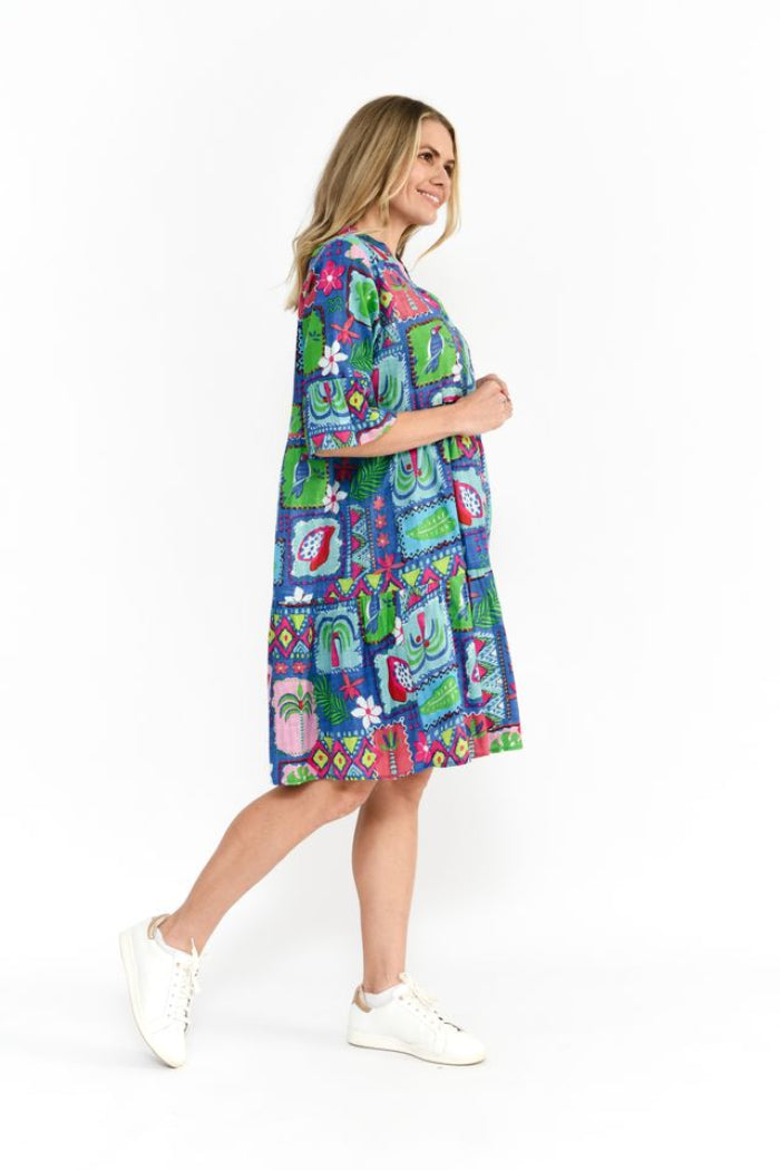 One Summer Maya Button V Neck Layer Dress Tropical Blue