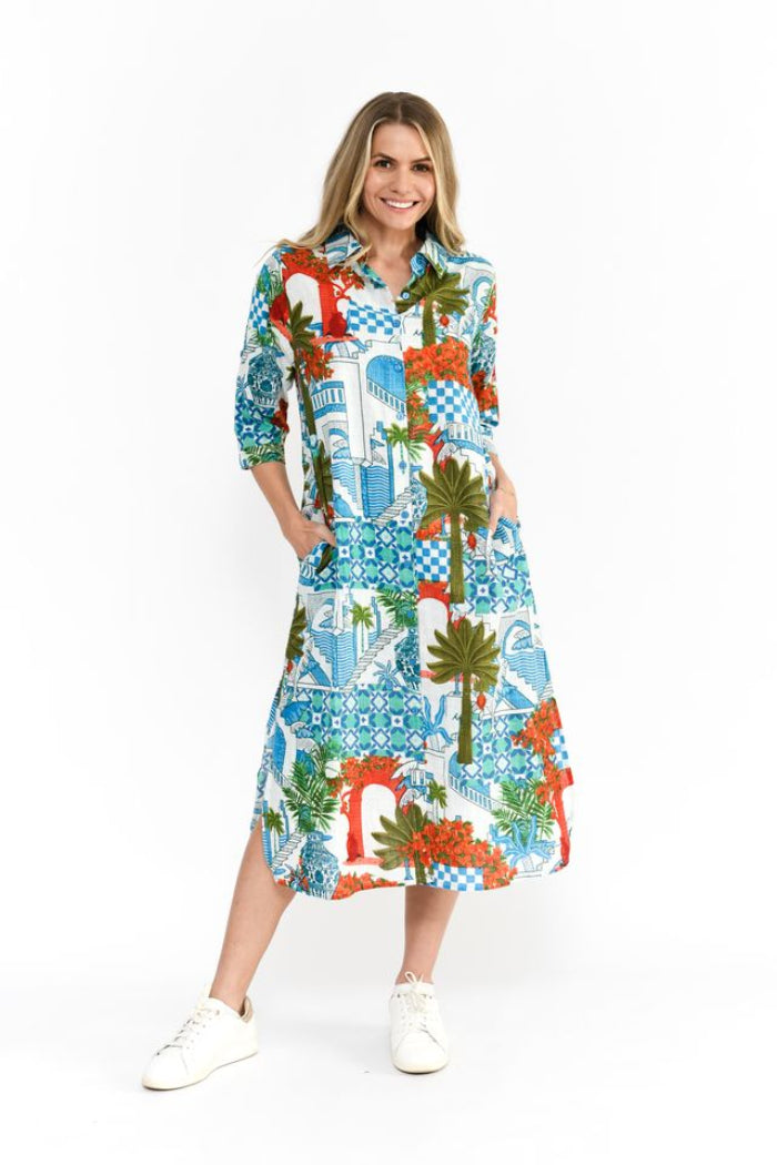 One Summer Sofia Shirt Dress Greek Island Aqua