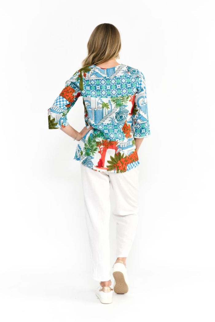 One Summer Tina V neck Pleated Top 3/4 Sleeve Greek Island Aqua