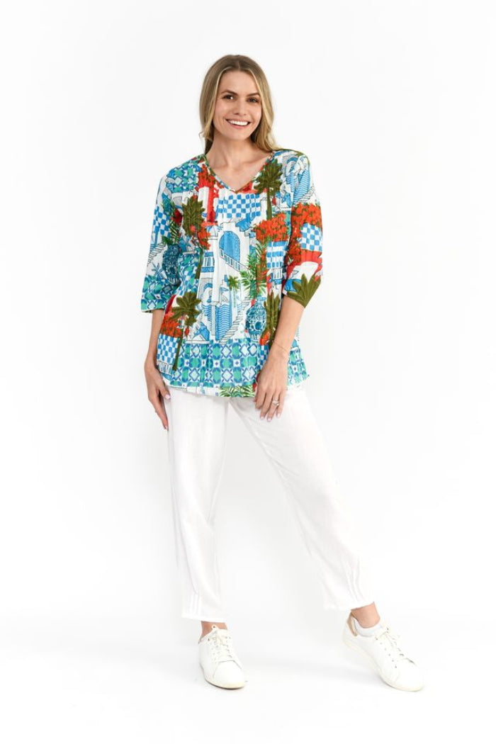 One Summer Tina V neck Pleated Top 3/4 Sleeve Greek Island Aqua