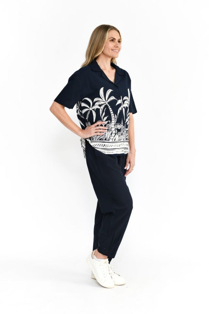 One Summer Margot Collared Short Sleeve Top Navy