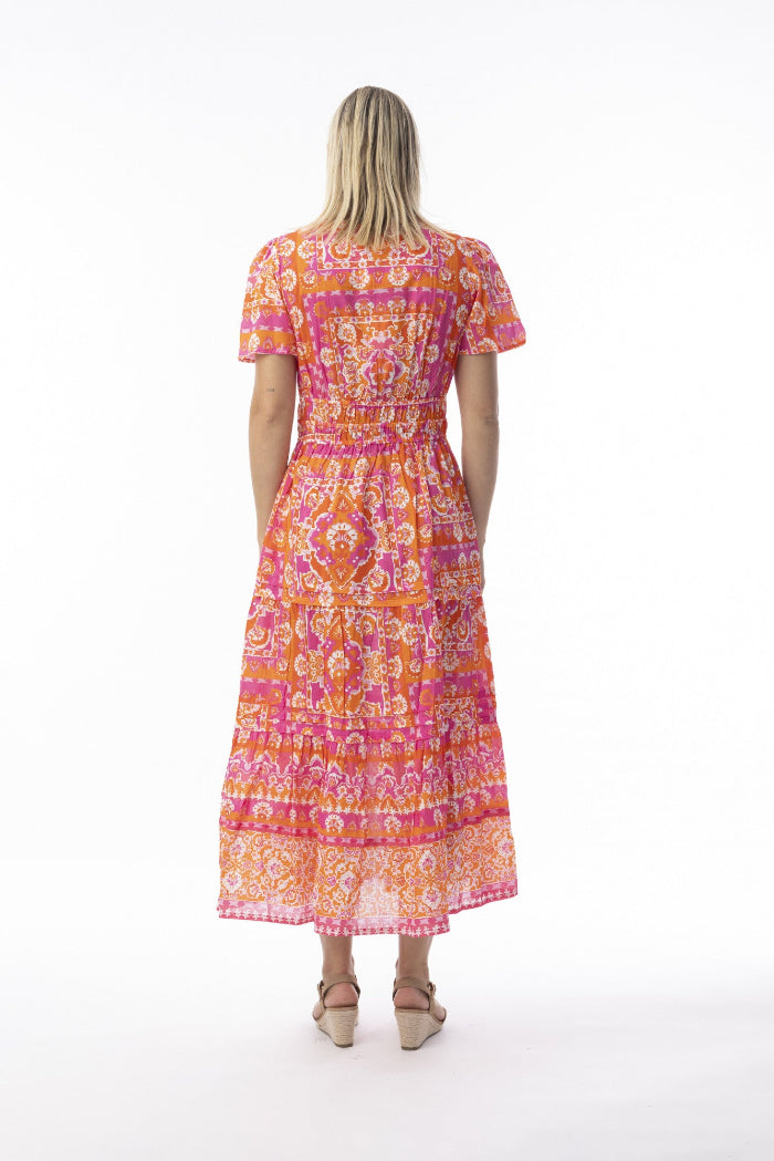 Orientique Montevideo Pink Dress Midi Short Sleeve