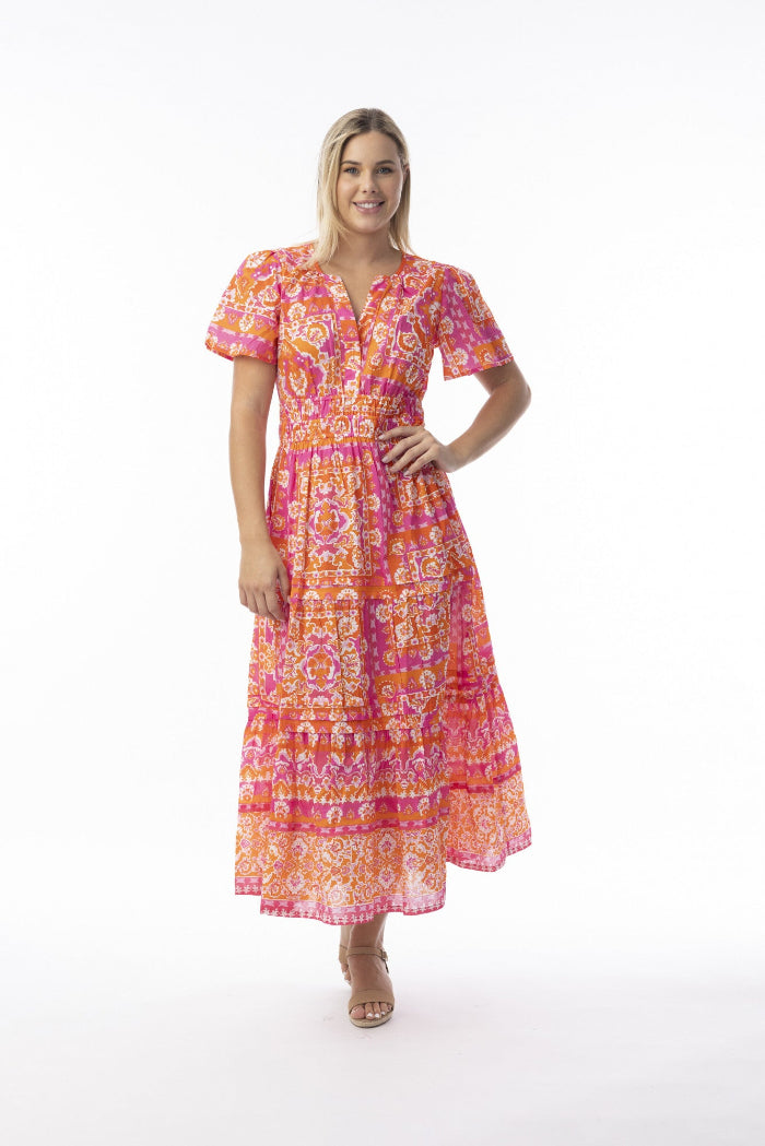 Orientique Montevideo Pink Dress Midi Short Sleeve