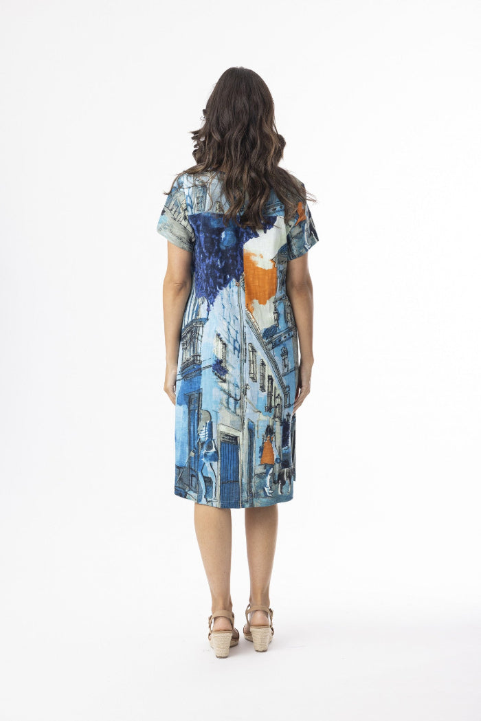 Printed Cotton Dress Contemporary Short Sleeve V Neck Tower Blue