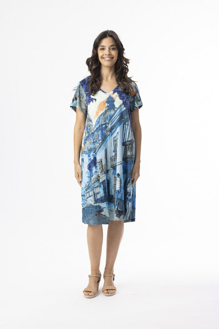 Printed Cotton Dress Contemporary Short Sleeve V Neck Tower Blue