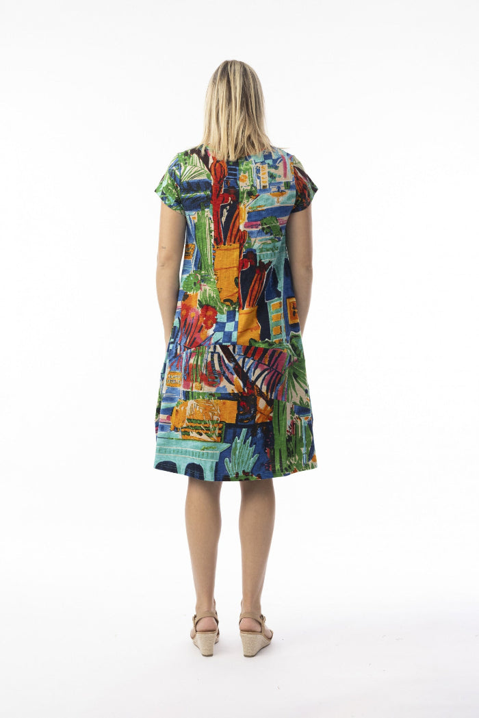 Orientique Printed Cotton Dress Shift Flair Crew Neck