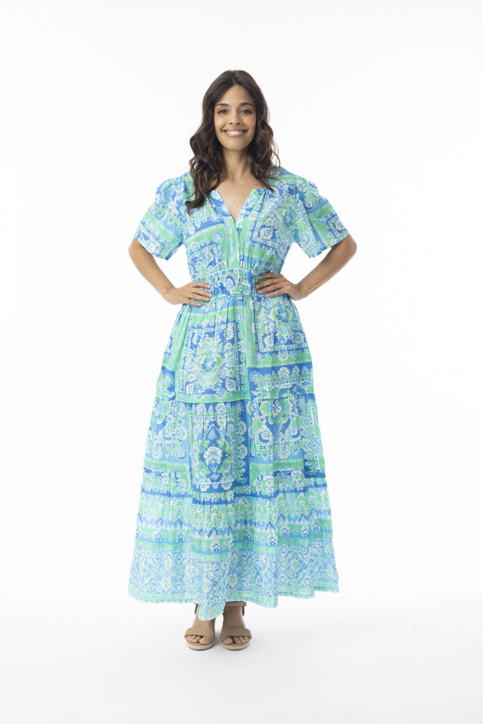 Orientique Montevideo Dress Midi Short Sleeve Aqua