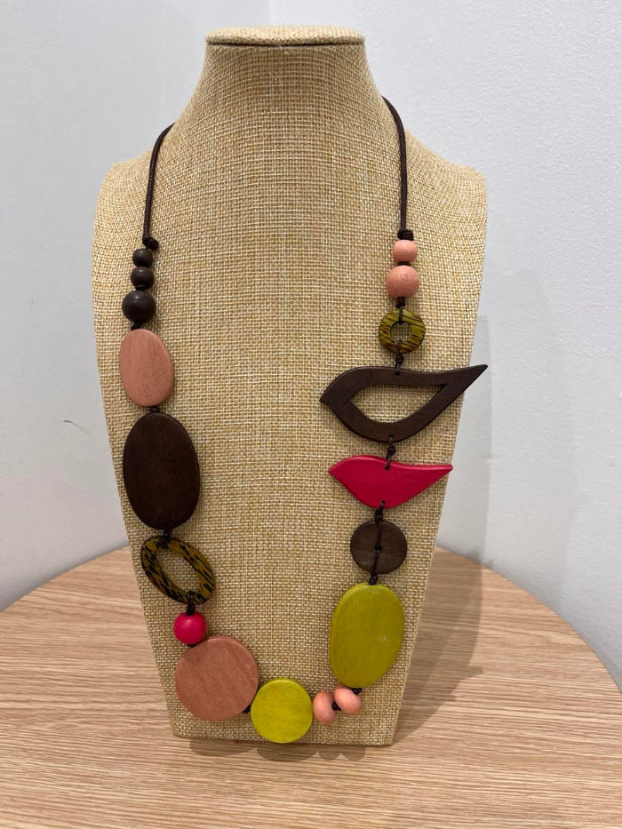 Pink & Brown Bird Wooden Necklace