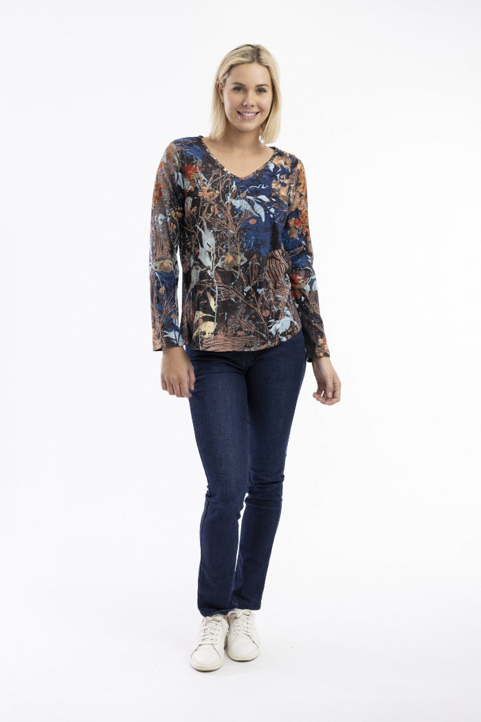 Orientique T-Shirt Contemporary V Neckline LS Abstract Floral