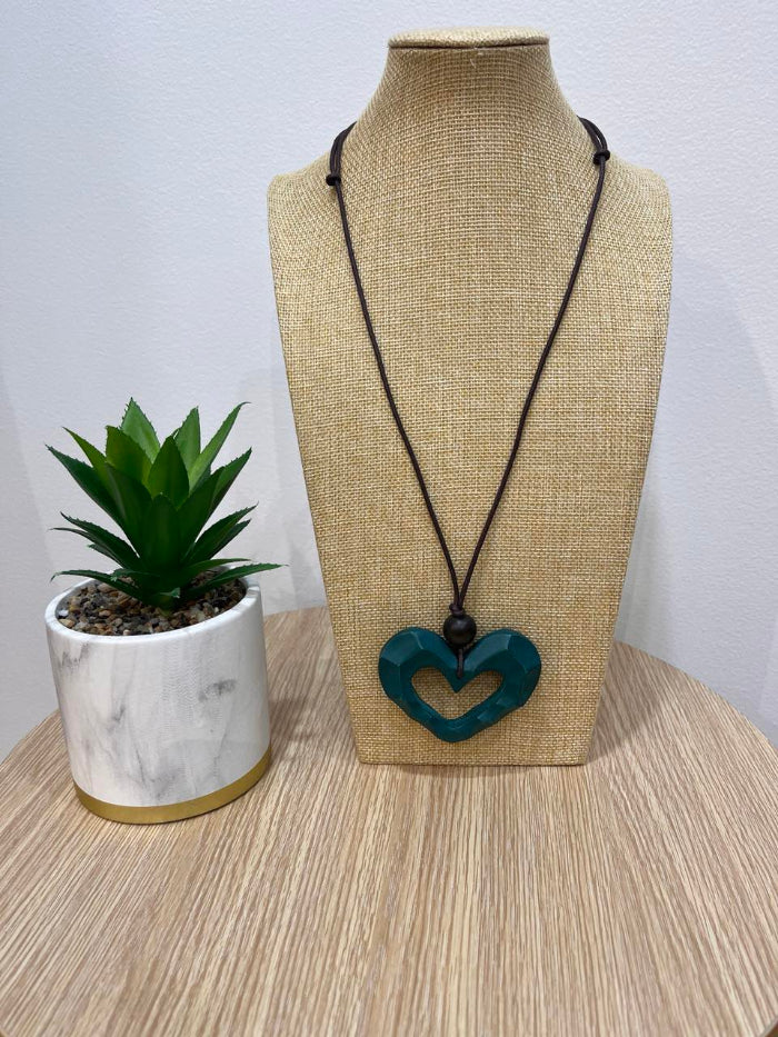 Teal Heart Wooden Necklace